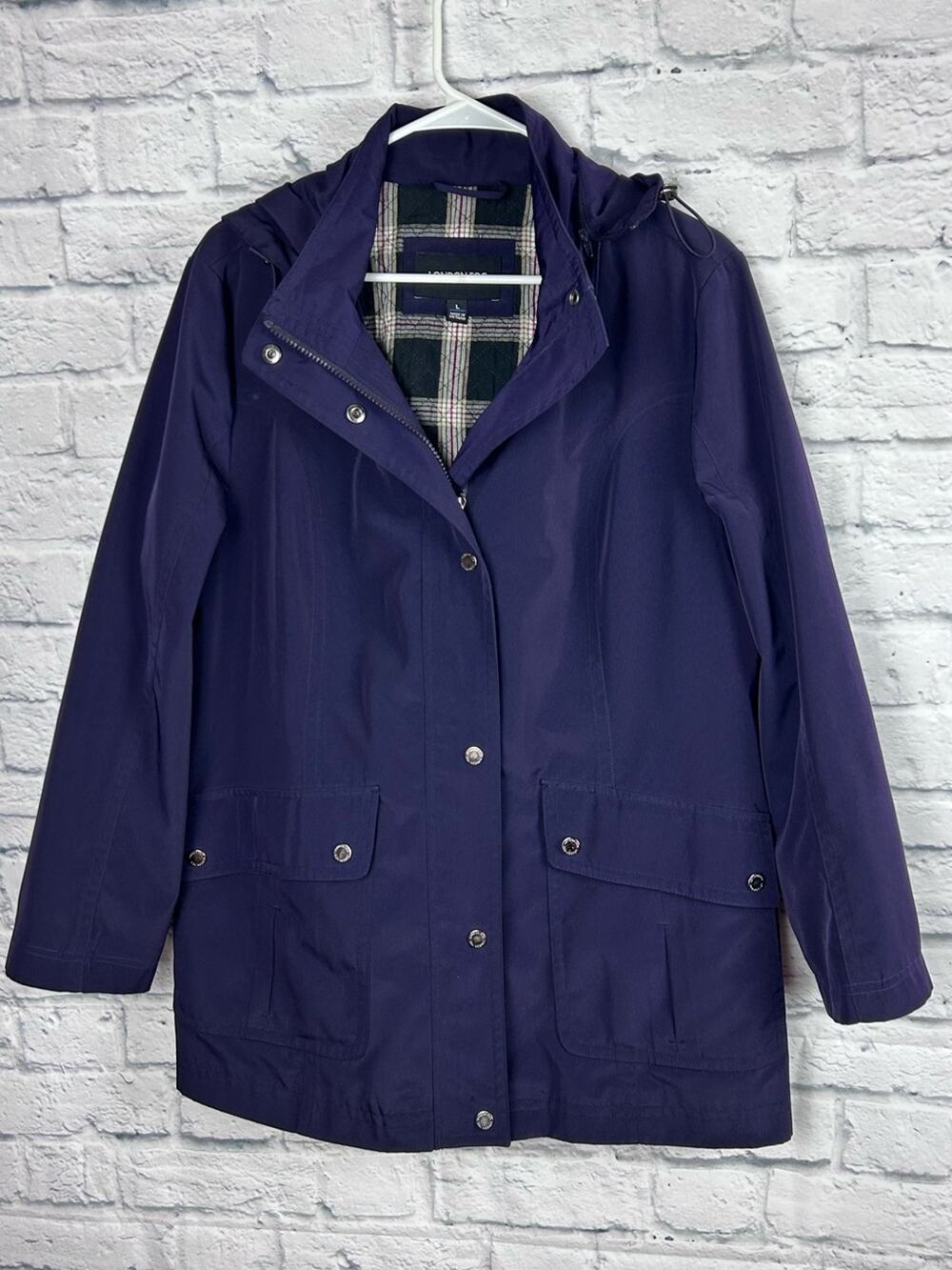 London Fog Hooded Rain Coat Jacket Purple Plaid Lined Women’s Large